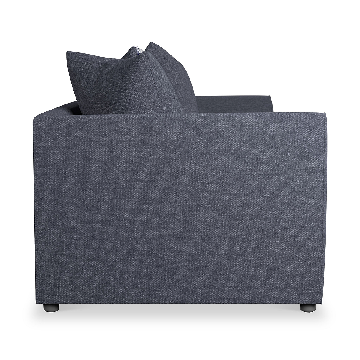 A dark grey sofa side view with cushions, against a white background.
