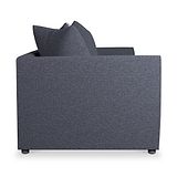 A dark grey sofa side view with cushions, against a white background.
