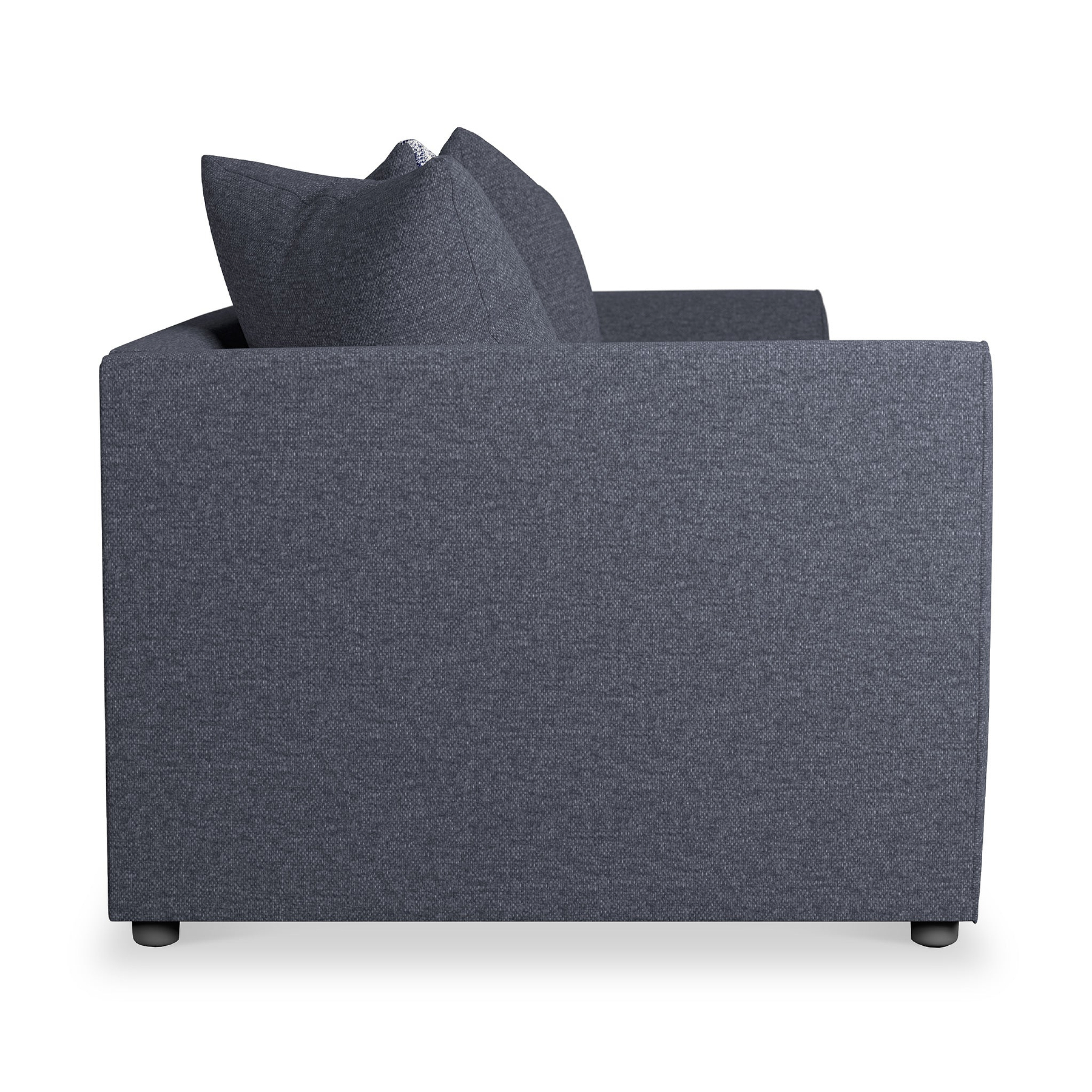 A dark grey sofa side view with cushions, against a white background.