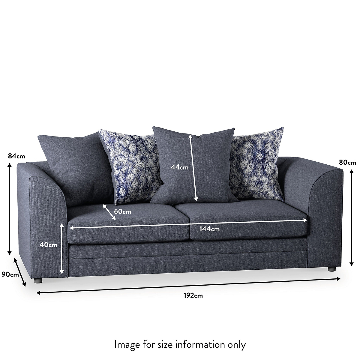 A gray sofa with cushions displays dimensions: 192cm width, 90cm height, 80cm depth, 40cm seat height, 60cm seat depth, 144cm inner width, and 84/44cm cushion height. Text: "Image for size information only".