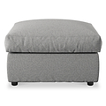 A grey fabric ottoman with a cushioned top and short black legs, isolated on a white background.