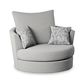A swivel armchair with a high backrest and two patterned cushions sits isolated against a white background.