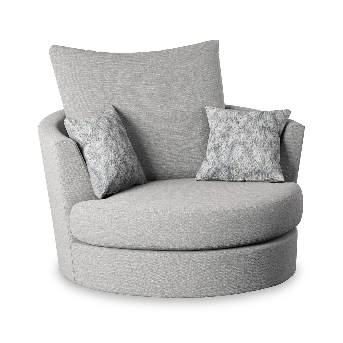 A swivel armchair with a high backrest and two patterned cushions sits isolated against a white background.