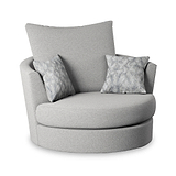A swivel armchair with a high backrest and two patterned cushions sits isolated against a white background.