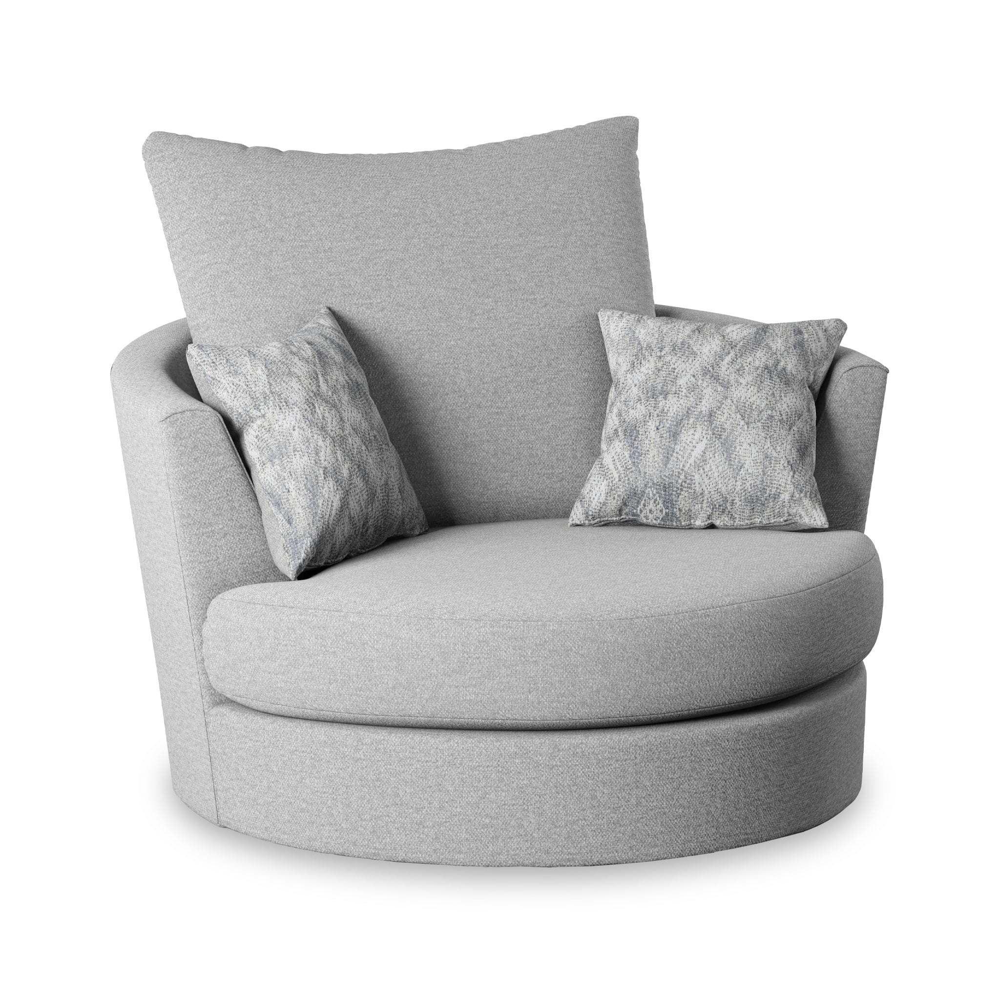 A swivel armchair with a high backrest and two patterned cushions sits isolated against a white background.