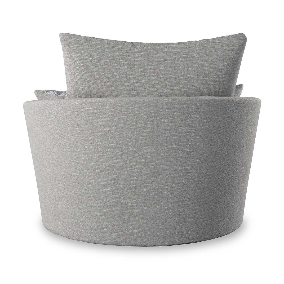 A modern grey fabric swivel chair with a rounded design and a cushioned backrest, isolated on a white background.