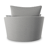 A modern grey fabric swivel chair with a rounded design and a cushioned backrest, isolated on a white background.