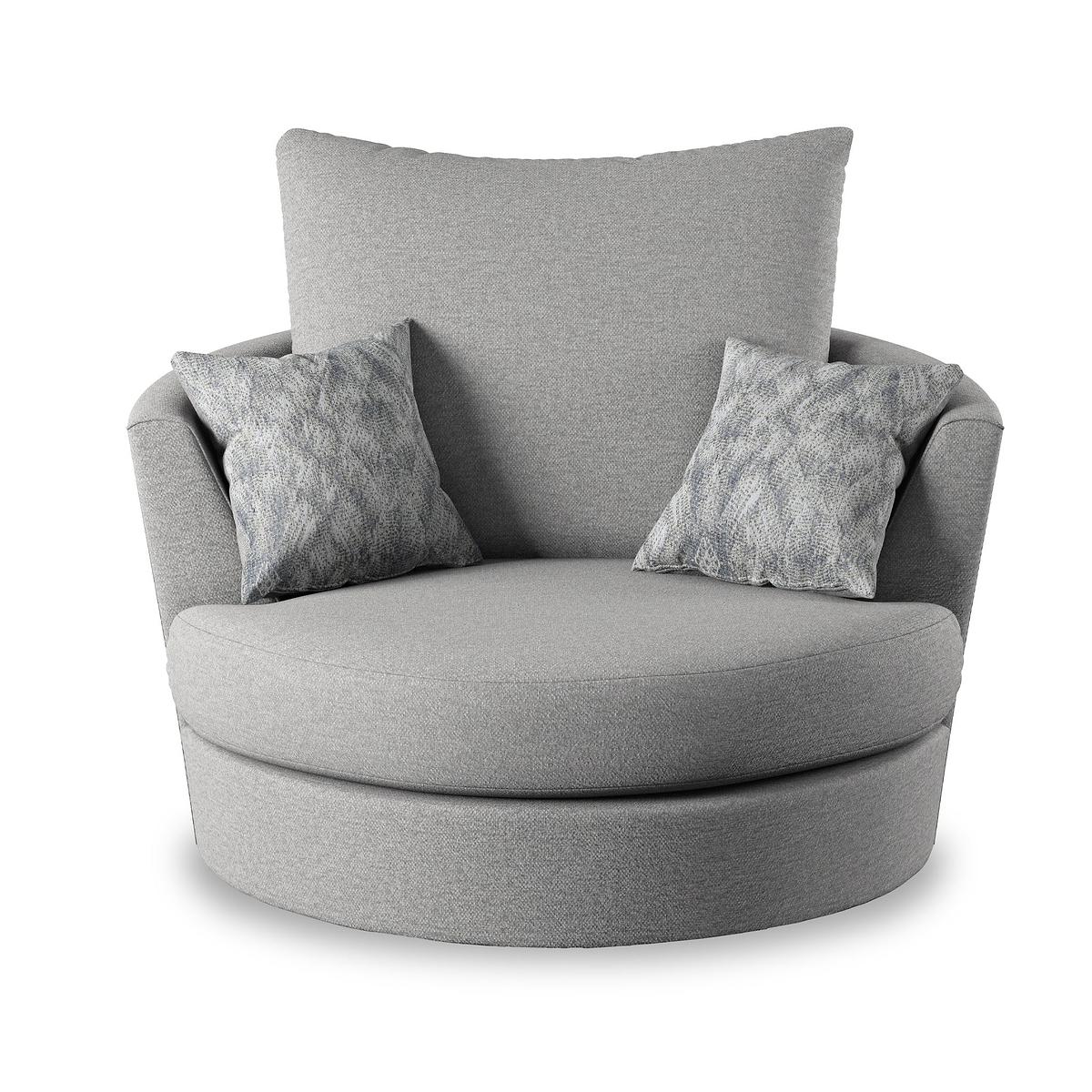 A round gray fabric armchair with one large back cushion and two patterned accent pillows is shown against a white background.