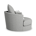 A curved, modern gray fabric armchair with plush cushions against a white background.