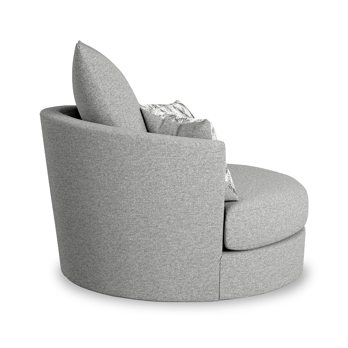 A curved, modern gray fabric armchair with plush cushions against a white background.