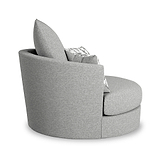 A curved, modern gray fabric armchair with plush cushions against a white background.
