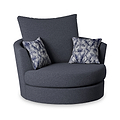 A dark grey, modern armchair with two patterned cushions, positioned against a white background.