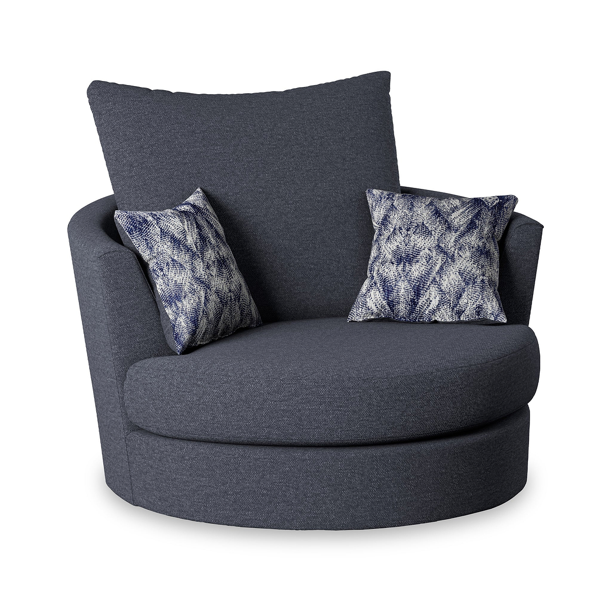 A dark grey, modern armchair with two patterned cushions, positioned against a white background.
