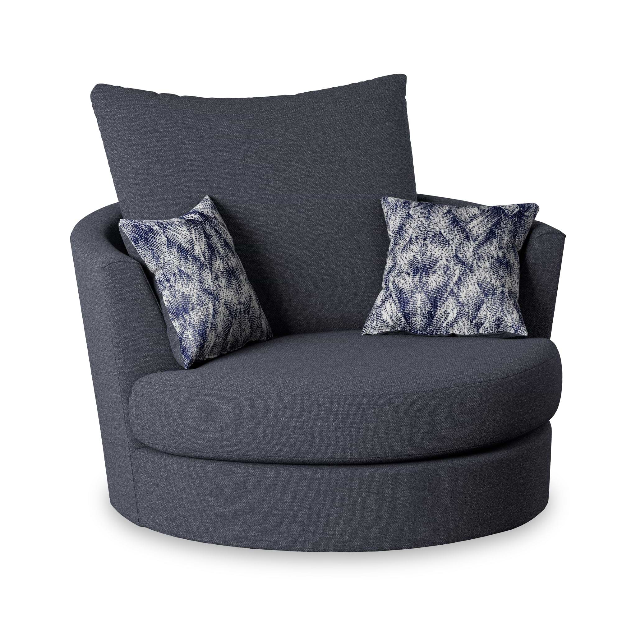A dark grey, modern armchair with two patterned cushions, positioned against a white background.