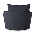 A dark grey modern fabric chair with a rounded design and a large back cushion, isolated on a white background.