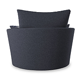 A dark grey modern fabric chair with a rounded design and a large back cushion, isolated on a white background.