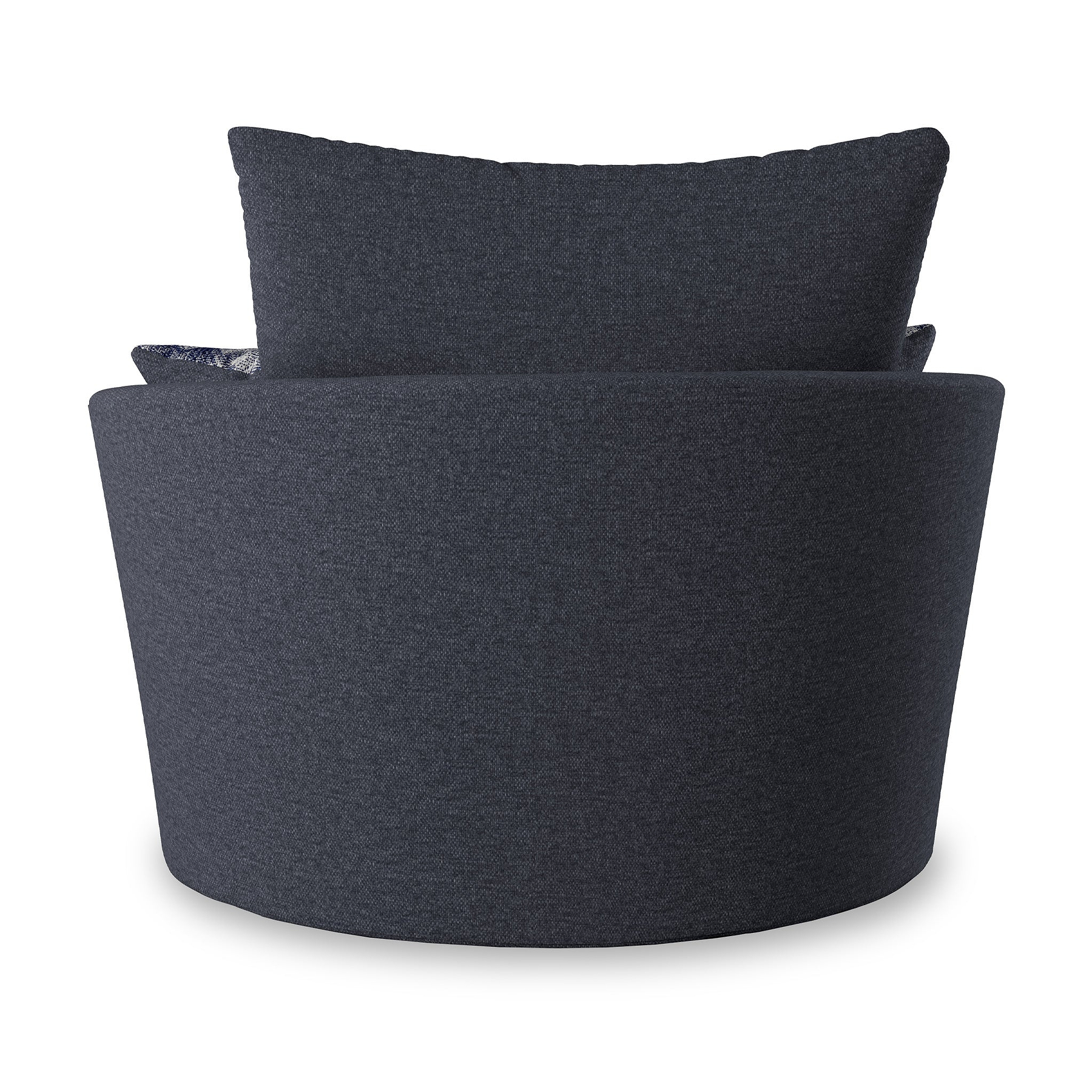 A dark grey modern fabric chair with a rounded design and a large back cushion, isolated on a white background.
