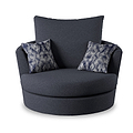 A round, dark gray armchair with a high backrest and two patterned cushions, isolated on a white background.