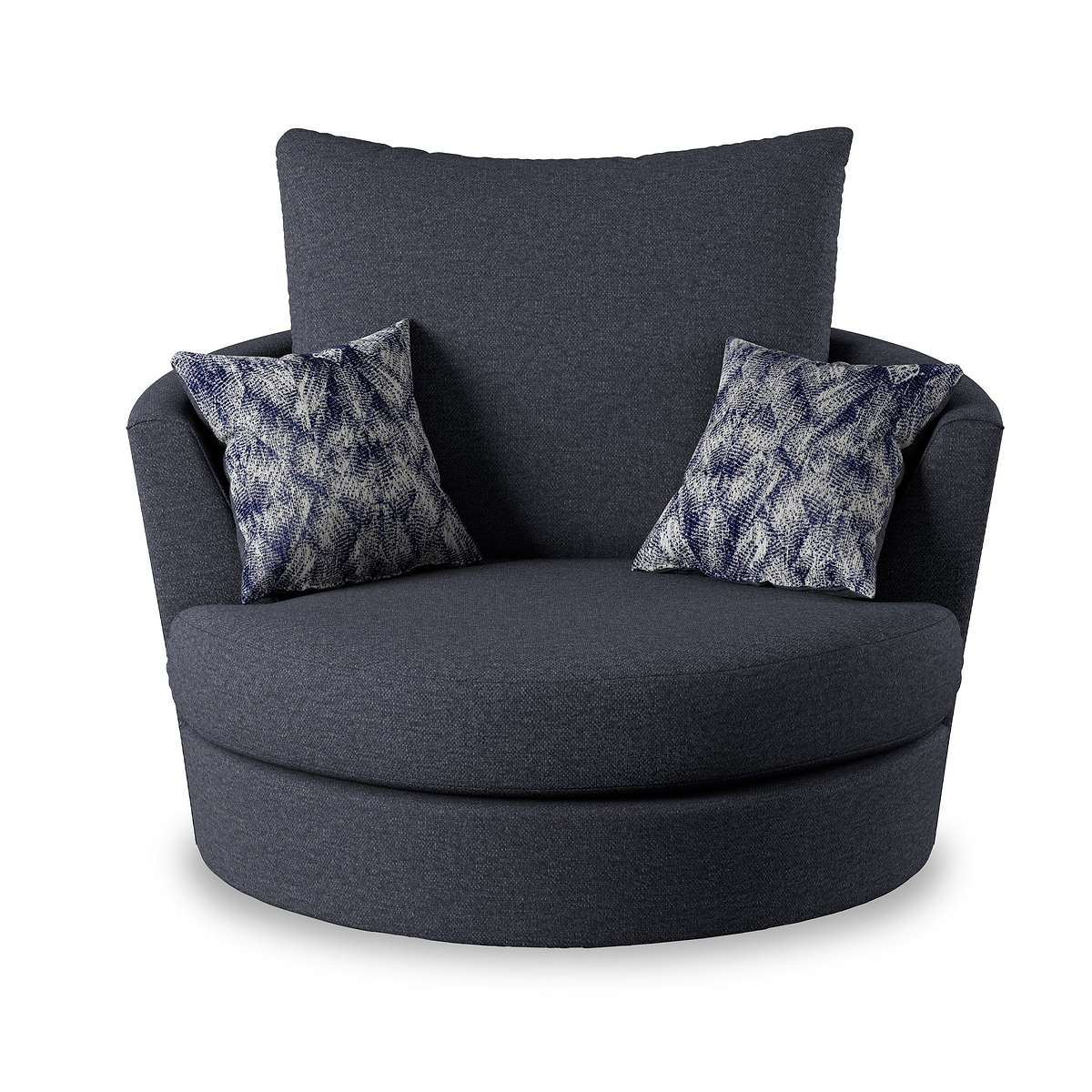 A round, dark gray armchair with a high backrest and two patterned cushions, isolated on a white background.