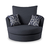 A round, dark gray armchair with a high backrest and two patterned cushions, isolated on a white background.