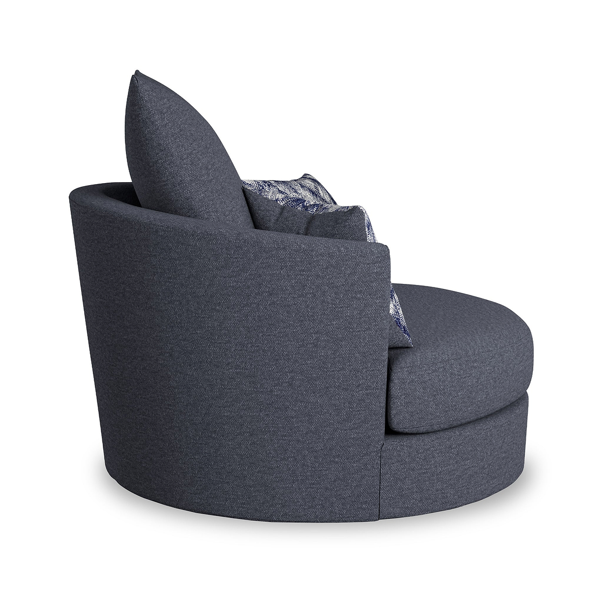 A round, contemporary style dark grey armchair with a high back and one cushion with a blue pattern, isolated on a white background.