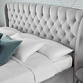 close up of the button tuft headboard on the Stafford Grey Velvet King Size Storage Bed