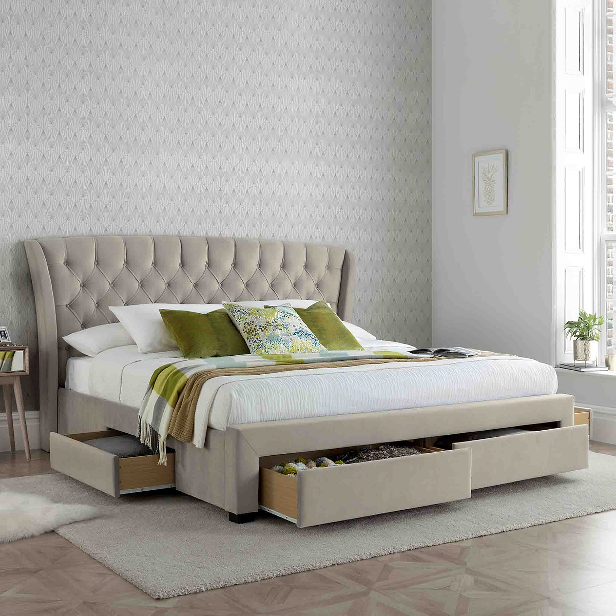 opened drawer view of the Stafford Stone Velvet King Size Storage Bed