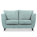 A light gray, two-cushion loveseat with rounded arms and dark tapered legs, isolated against a white background.
