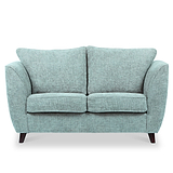 A light gray, two-cushion loveseat with rounded arms and dark tapered legs, isolated against a white background.
