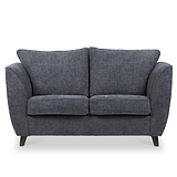 A grey fabric loveseat with plush cushions and rounded armrests, on a plain white background.