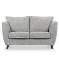 A grey two-seater couch with curved armrests and two cushions, set against a white background.