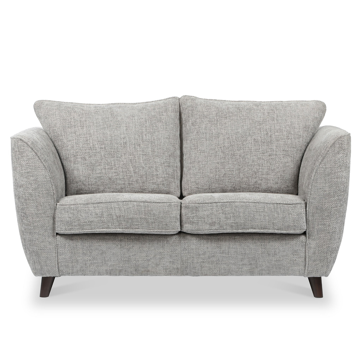A grey two-seater couch with curved armrests and two cushions, set against a white background.