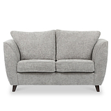 A grey two-seater couch with curved armrests and two cushions, set against a white background.