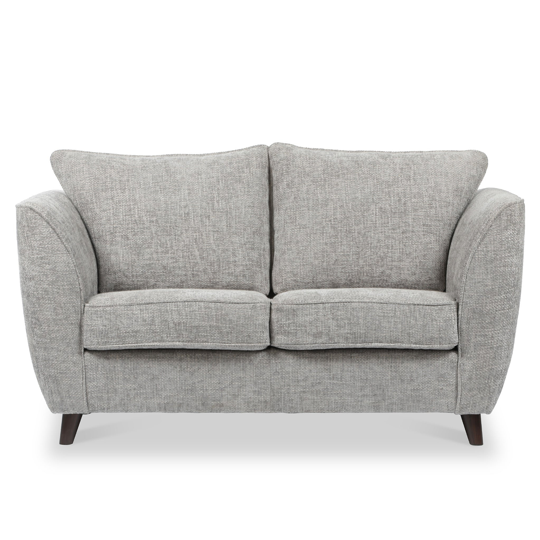 A grey two-seater couch with curved armrests and two cushions, set against a white background.