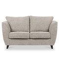A neutral-colored fabric loveseat with plush cushions and dark angled wooden legs, isolated against a white background.