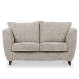 A neutral-colored fabric loveseat with plush cushions and dark angled wooden legs, isolated against a white background.