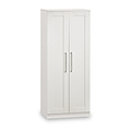 A white wardrobe with closed doors and metallic handles stands against a plain white background.