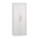 A white wardrobe with closed doors and metallic handles stands against a plain white background.