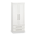 A white wooden wardrobe with two doors above and two drawers below, featuring metal handles, stands isolated against a white background.