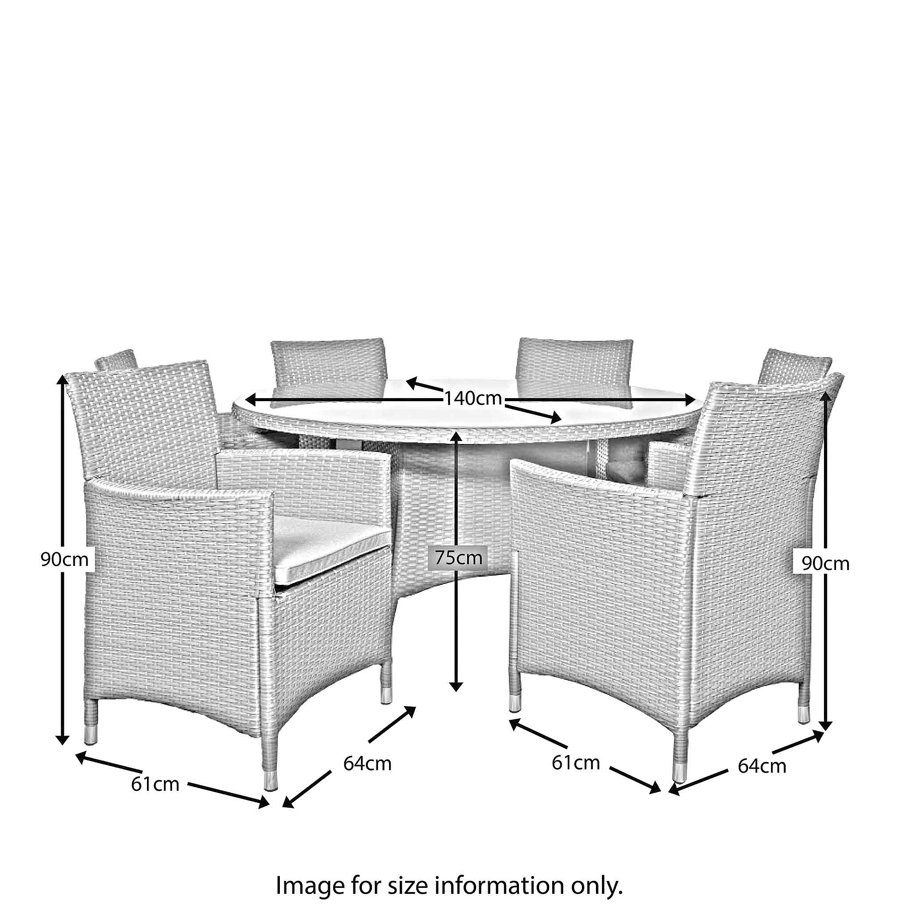Vada 140cm 6 Seat Rattan Round Dining Set - Size Guide