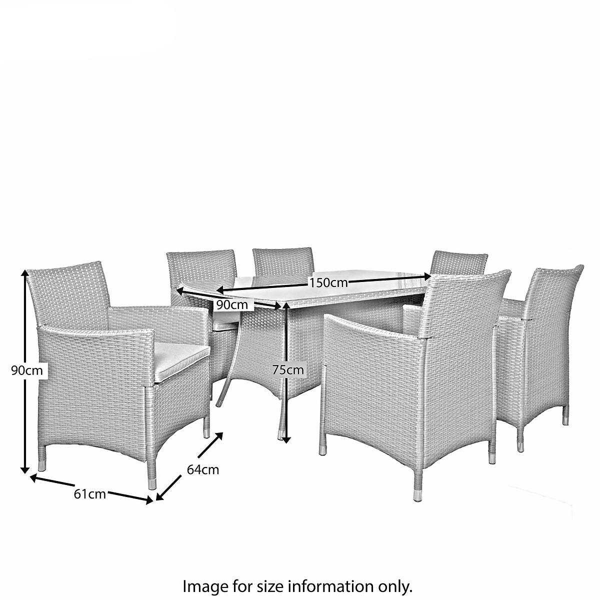Vada 150cm 6 Seat Rattan Rectangular Dining Set - Size Guide