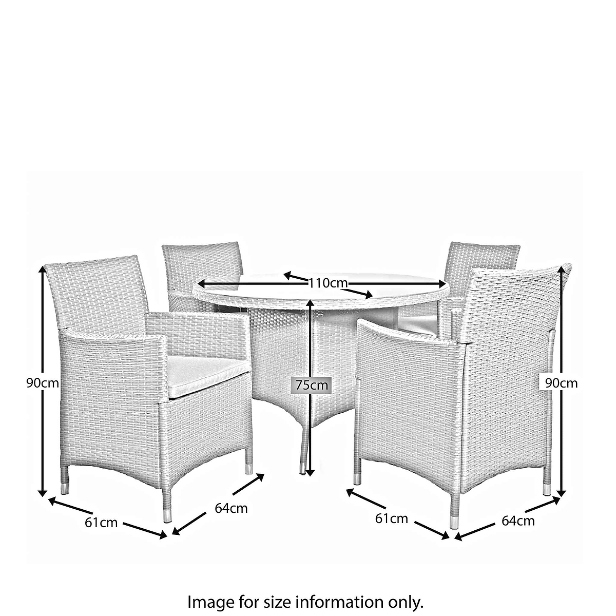 Vada 110cm 4 Seat Rattan Round Dining Set - Size Guide