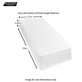 A small single mattress with dimensions: width 75cm, length 190cm, and height 22.86cm, on a plain background. Text reads "Size information of Small Single Mattress. Image for size information only. ROSELAND FURNITURE."