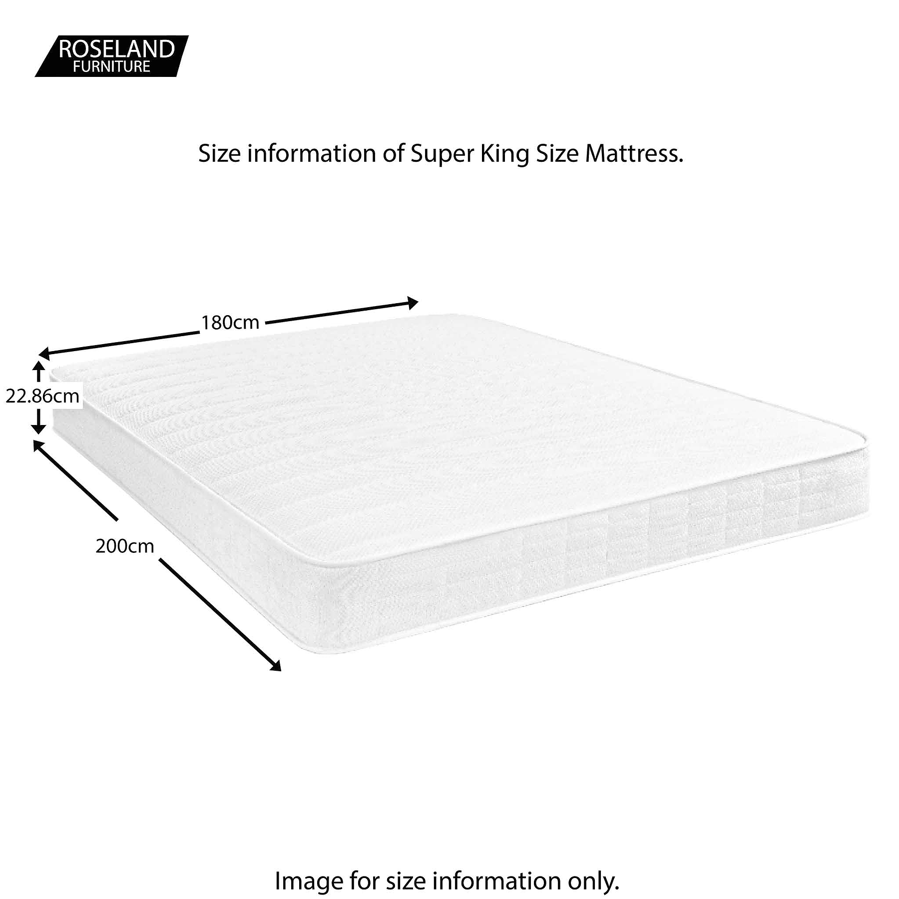 A white super king size mattress with dimensions: length 200cm, width 180cm, height 22.86cm. Labeled for size information by Roseland Furniture. Text states "Size information of Super King Size Mattress. Image for size information only."
