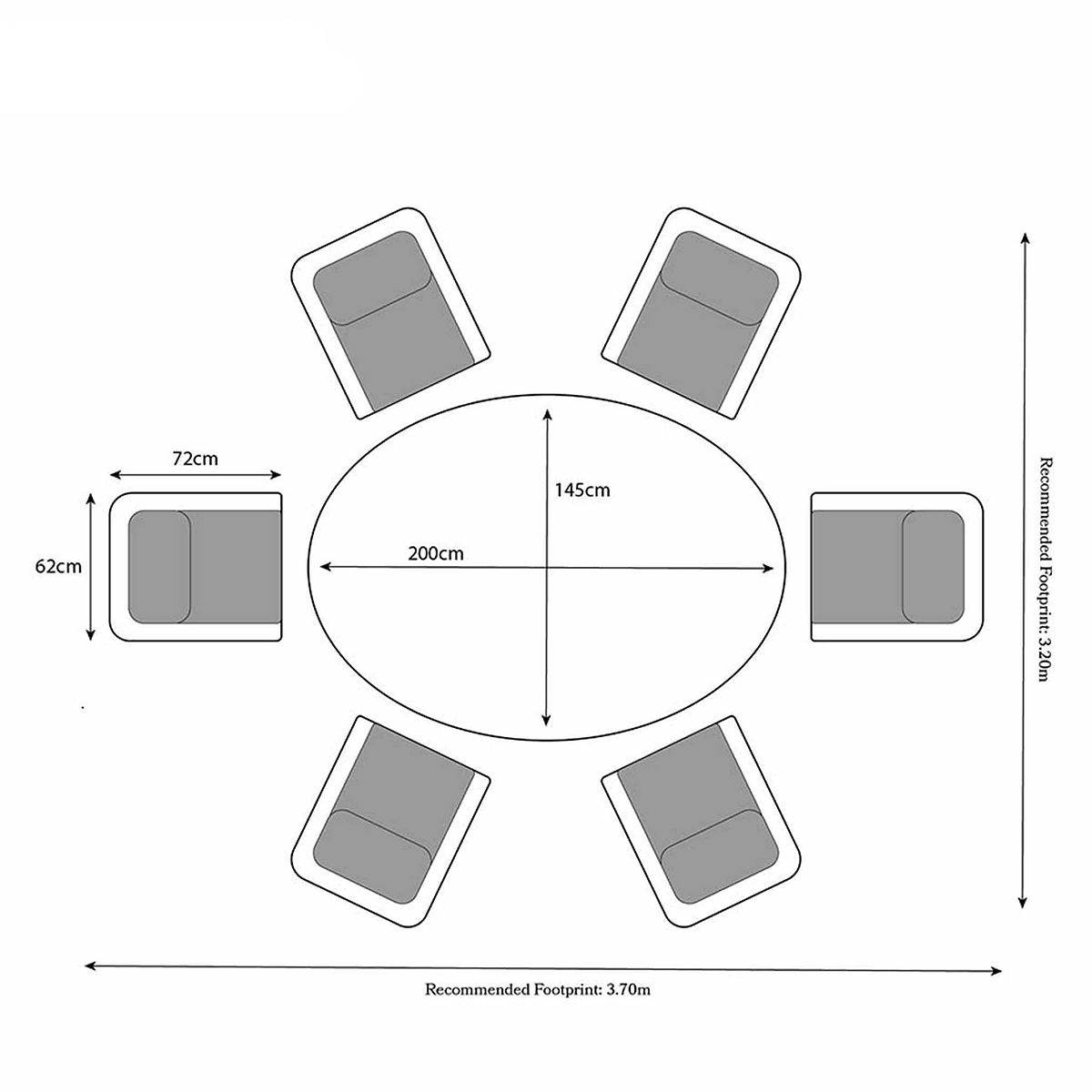 Wentworth 6 Seat 200cm Ellipse Deluxe Rattan Garden Dining Set Dimensions & Size Guide
