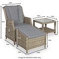 Wicker chair with grey cushions and a matching footrest, alongside a square glass-top table; dimensions provided for each item. Text indicates measurements for clarity. Noted for size information only.
