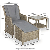 Wicker chair with grey cushions and a matching footrest, alongside a square glass-top table; dimensions provided for each item. Text indicates measurements for clarity. Noted for size information only.