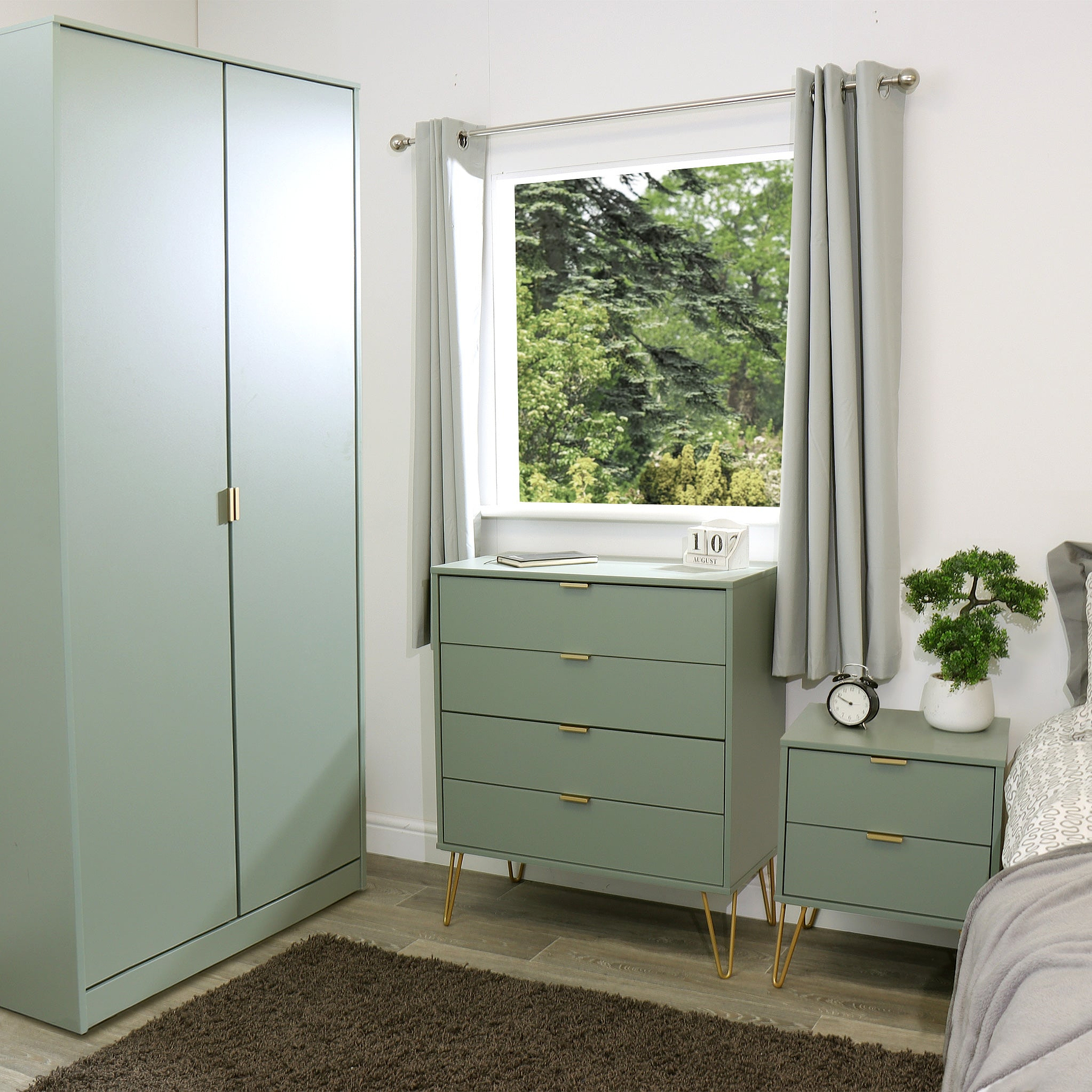 Moreno Olive Green 2 Drawer Bedside Table with Gold Hairpin Legs from Roseland Furniture
