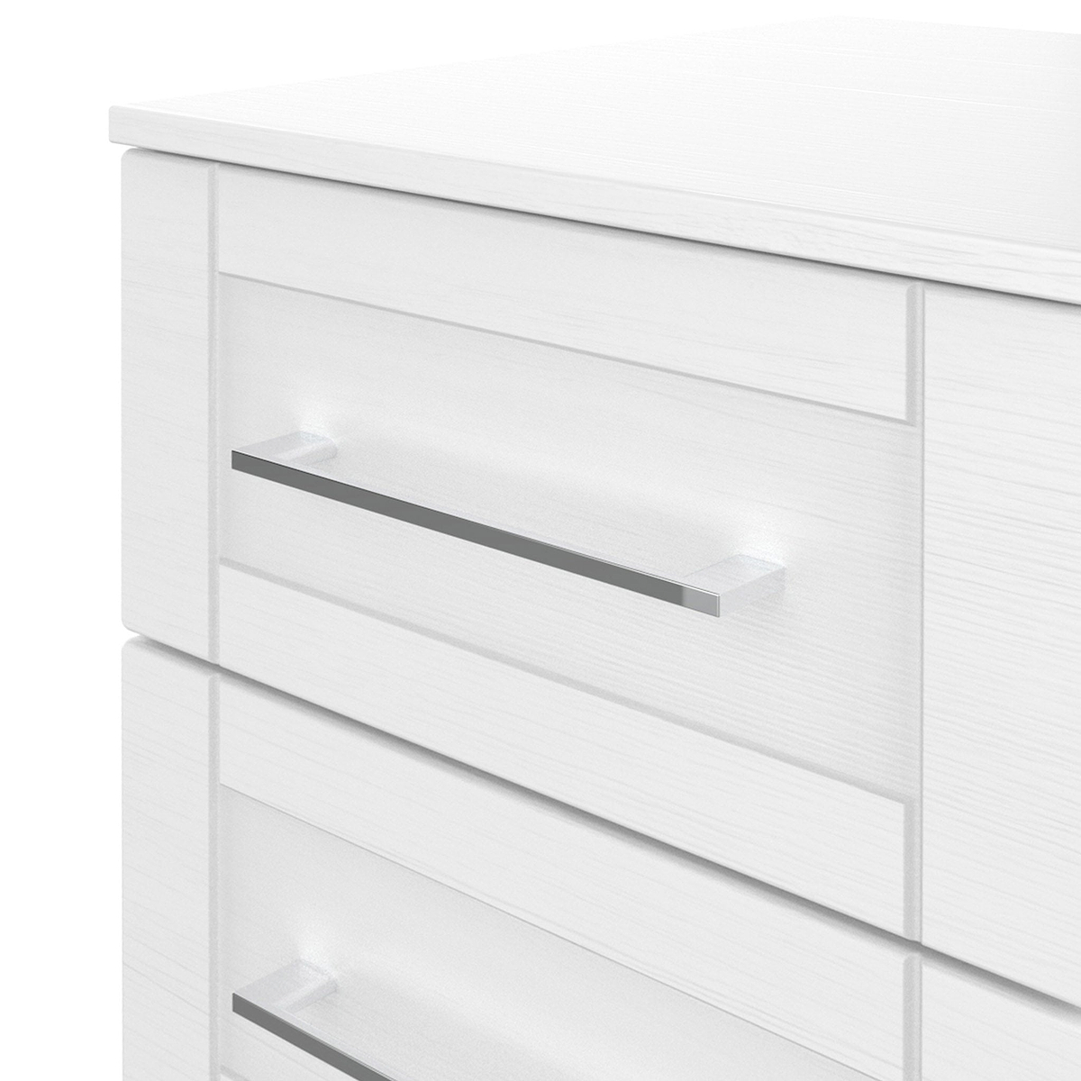 Bellamy White 5 Drawer Storage Chest chrome handle close up