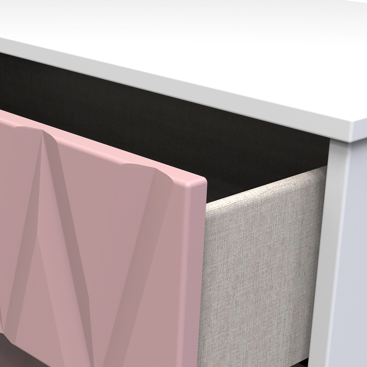 A pink geometric sculpture stands between a white desk and a beige upholstered chair, creating an abstract, modern aesthetic.